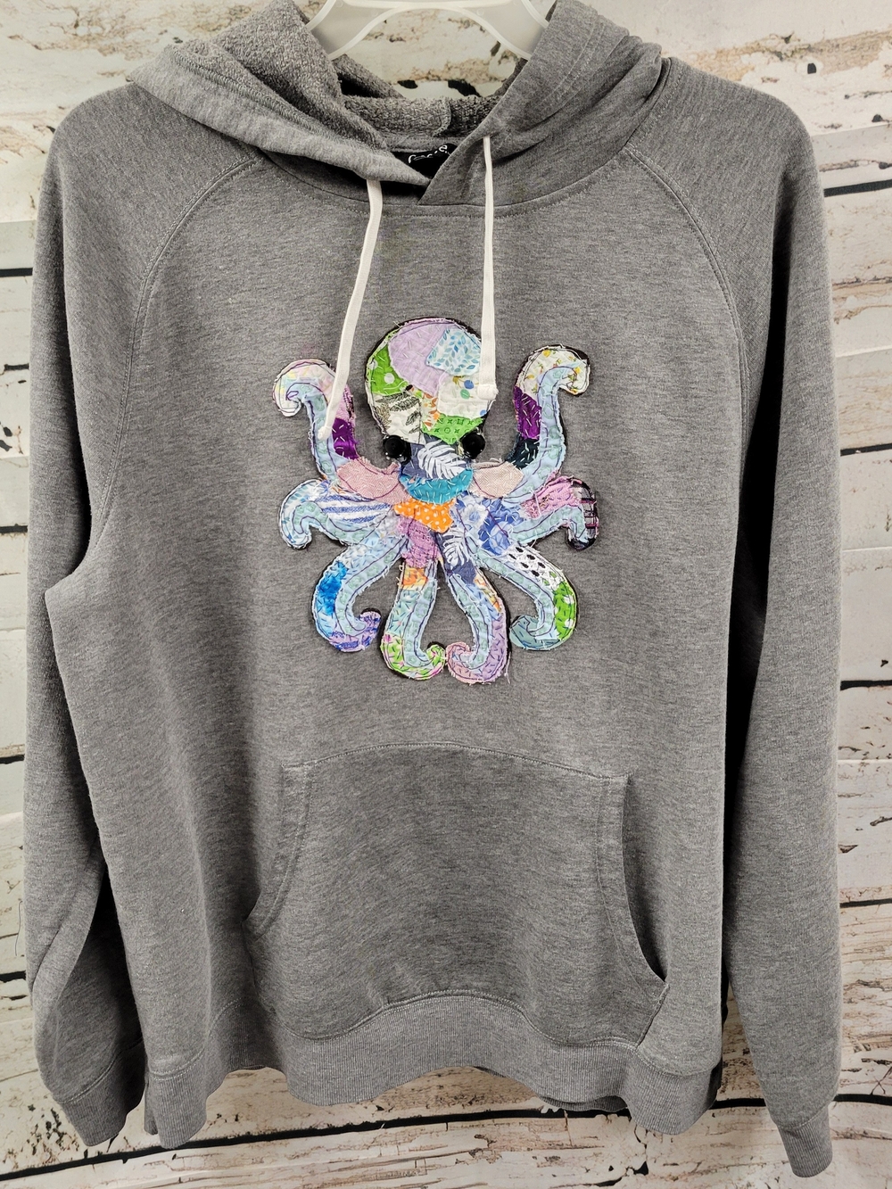 Handmade Upcycled Octopus Hoodie L Graphic Patchwork Embroidered Boho Artsy